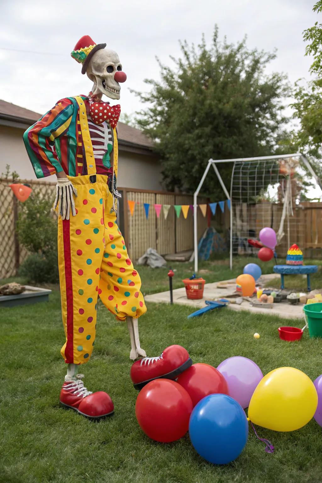 A comedian-themed skeleton provides humor to Halloween.