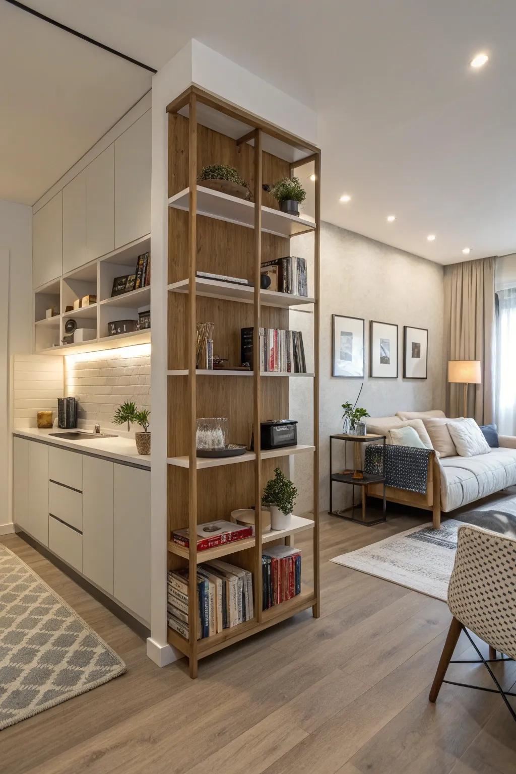 Divide and optimize your studio space through see-through shelving units.