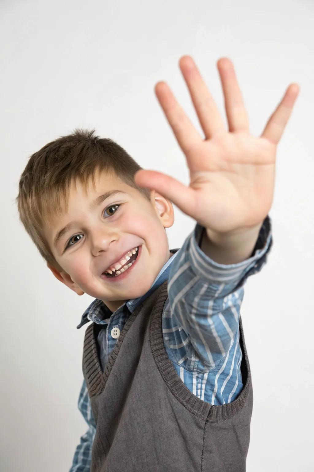 Raising five fingers presents an adorable and straightforward birthday stance.