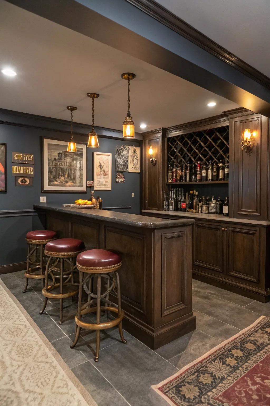 A custom-built bar enhances the basement's social facet.