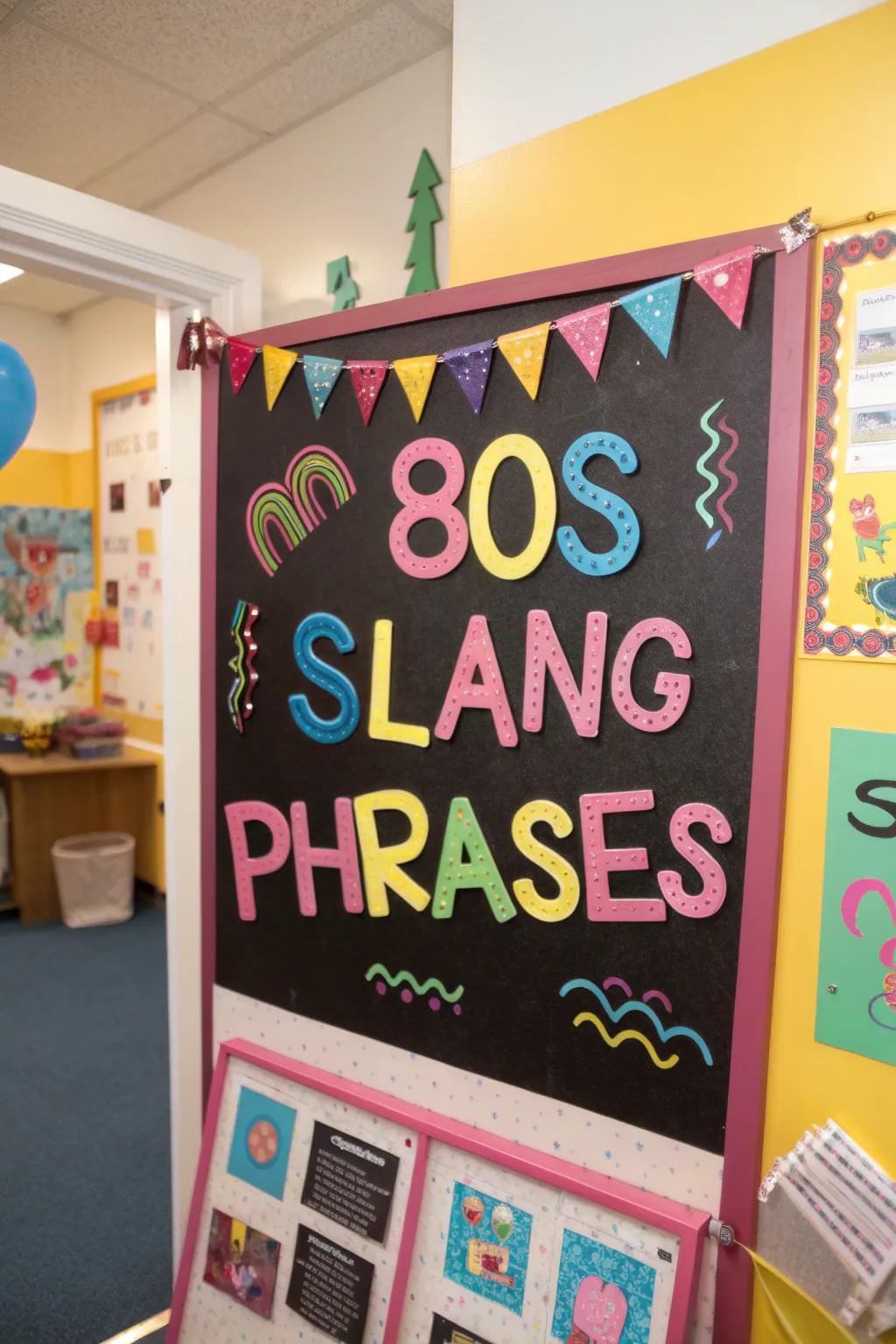80s slang terms on a bulletin board in playful fonts.