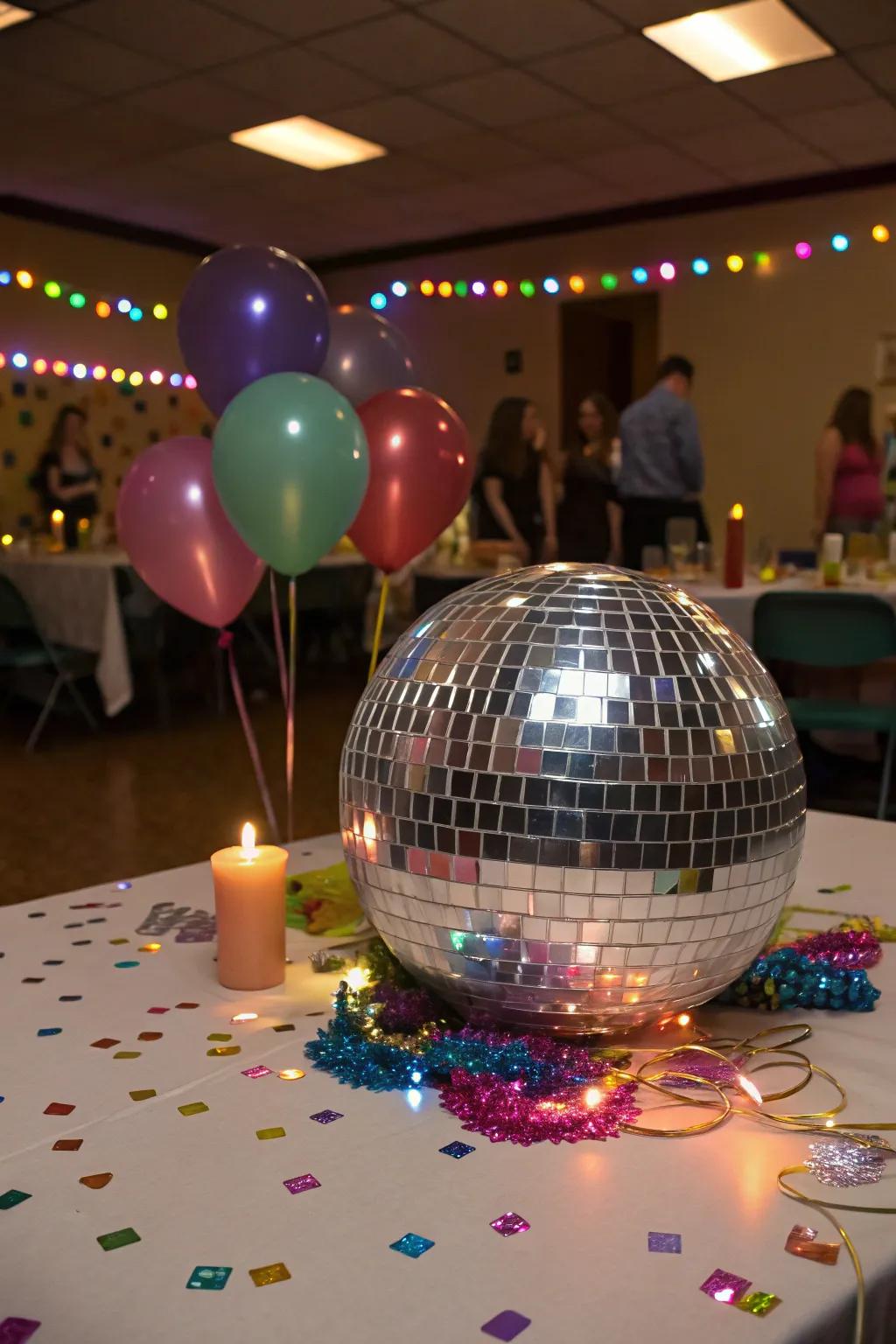 A mirror ball centerpiece readies the venue for festivity and dance.
