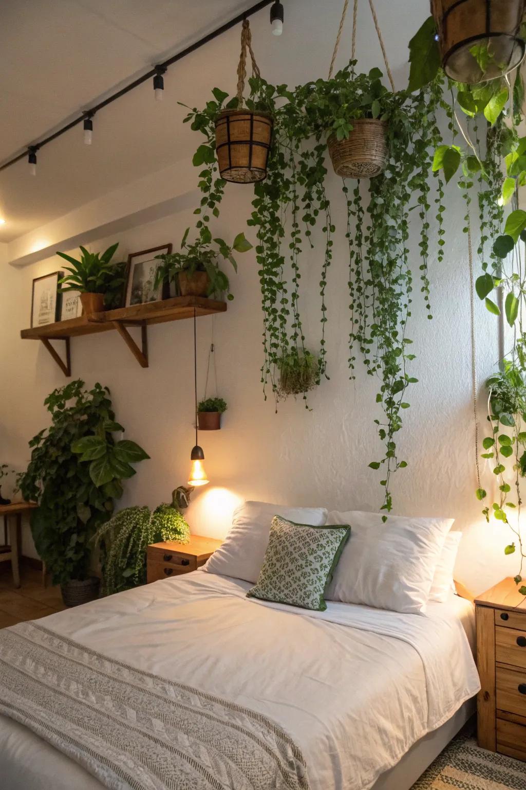 Plant life above the bed brings nature inside.