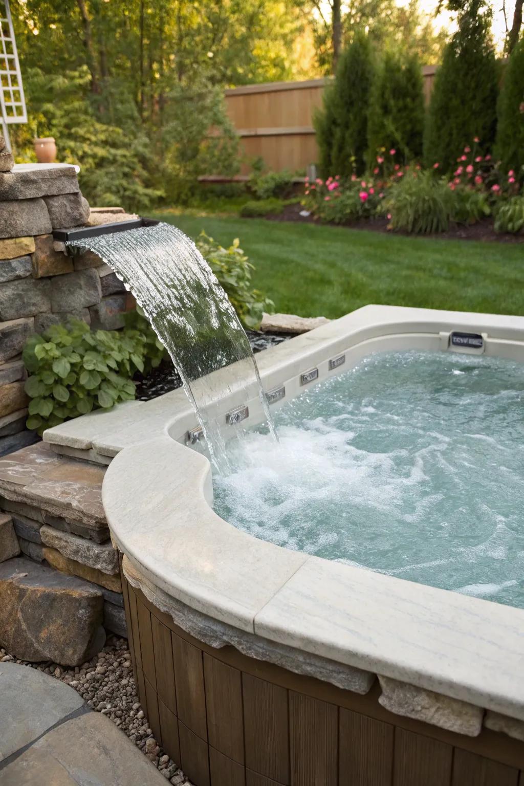 A cascade injects a tranquil sound and visual element into your personal spa space.