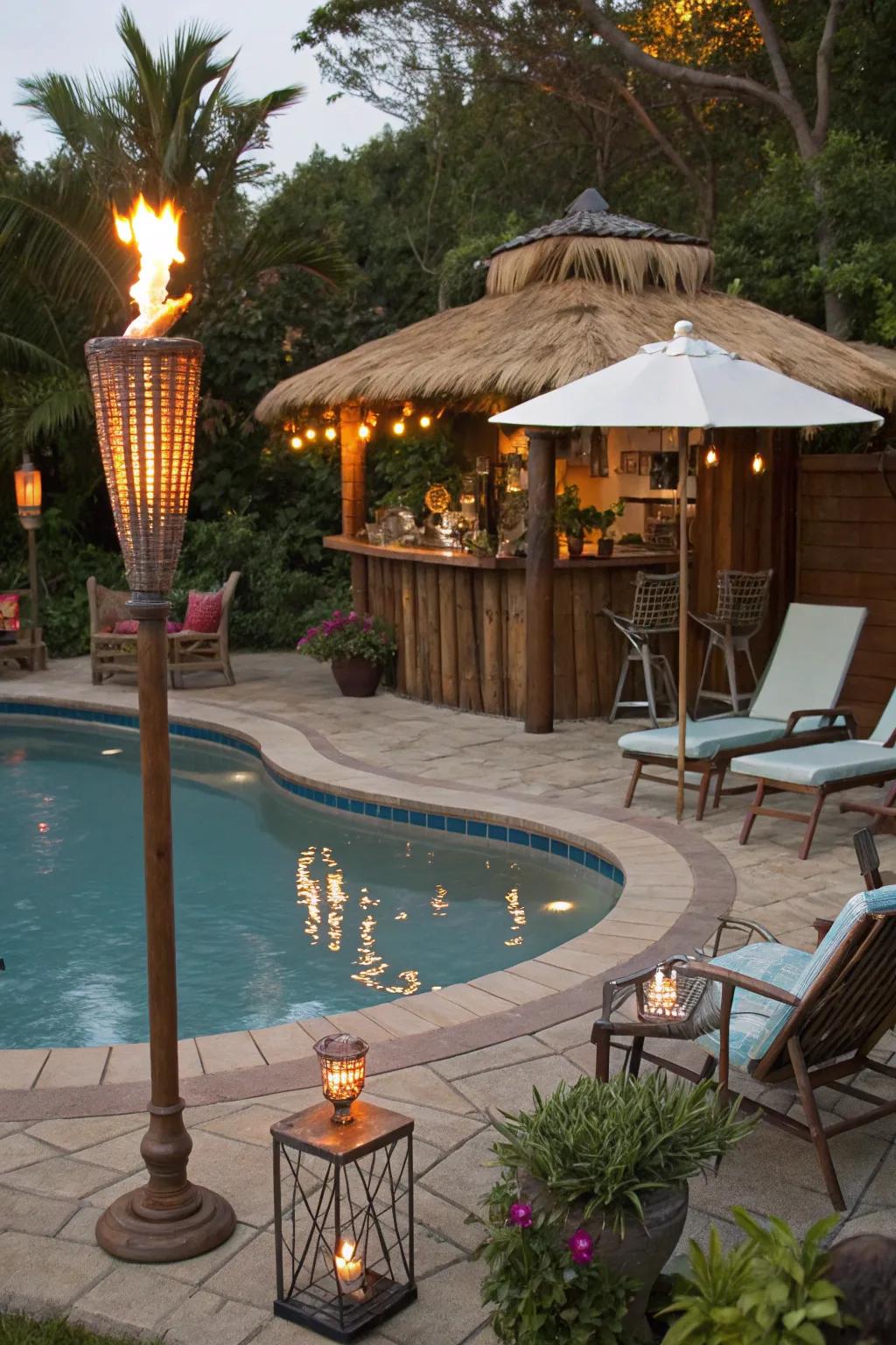 Flame torches amplify the tropical sensation of your poolside escape.