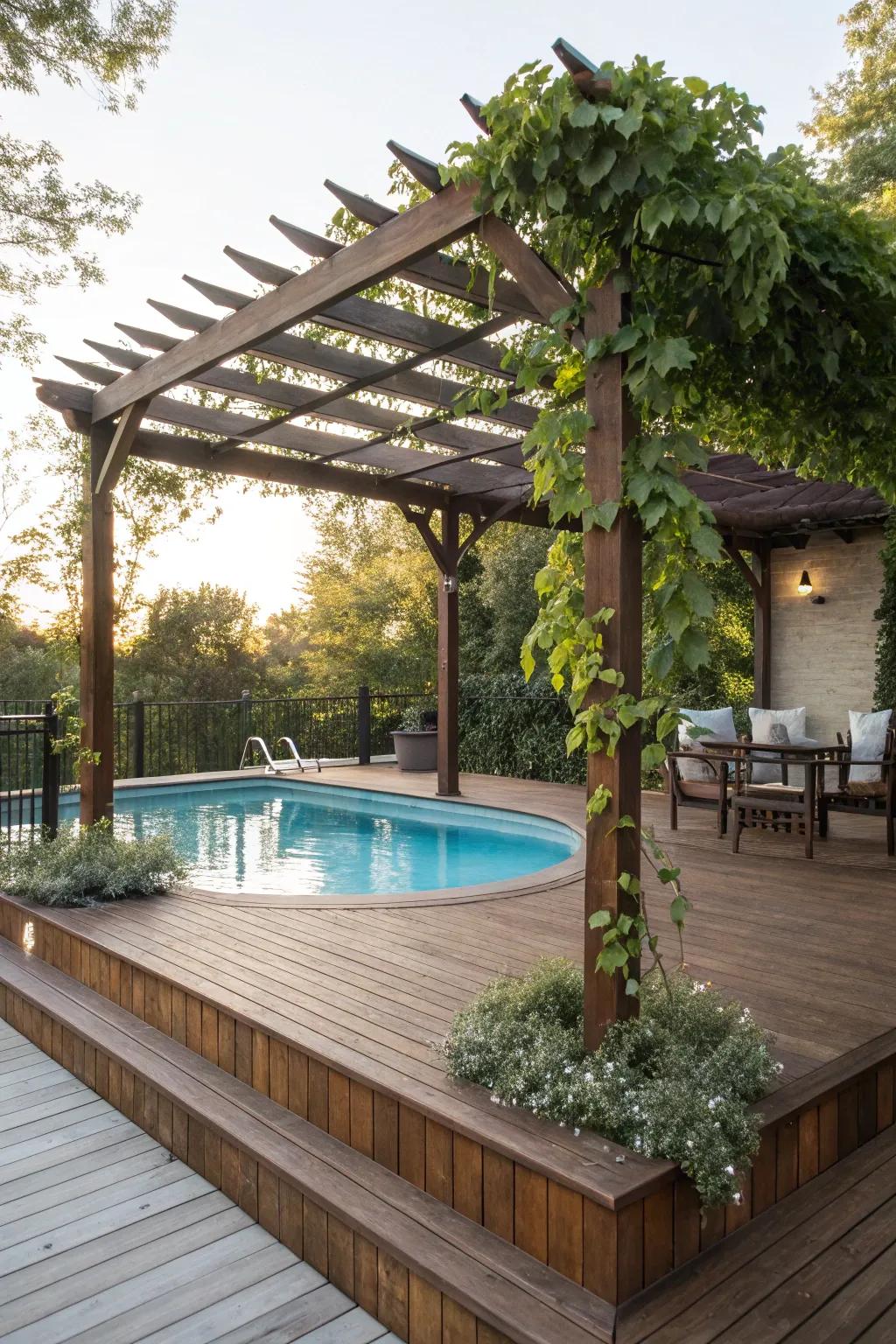 An arbor provides stylish shade for sun-drenched days.