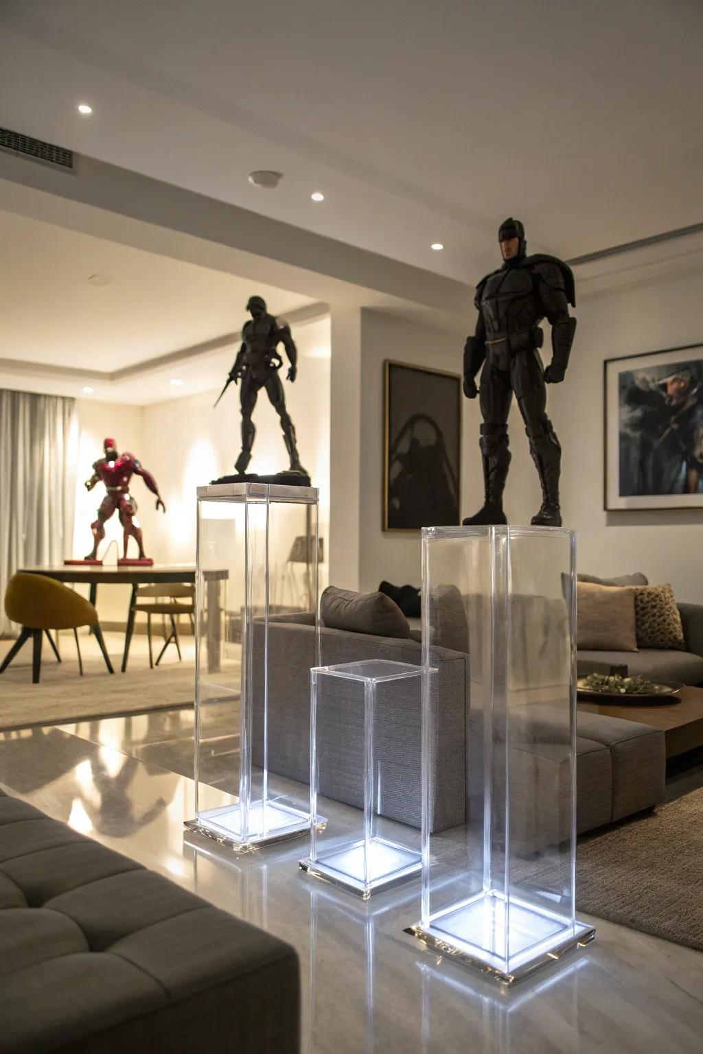 Polymer platforms sculpt a museum-esque atmosphere for prized figures.
