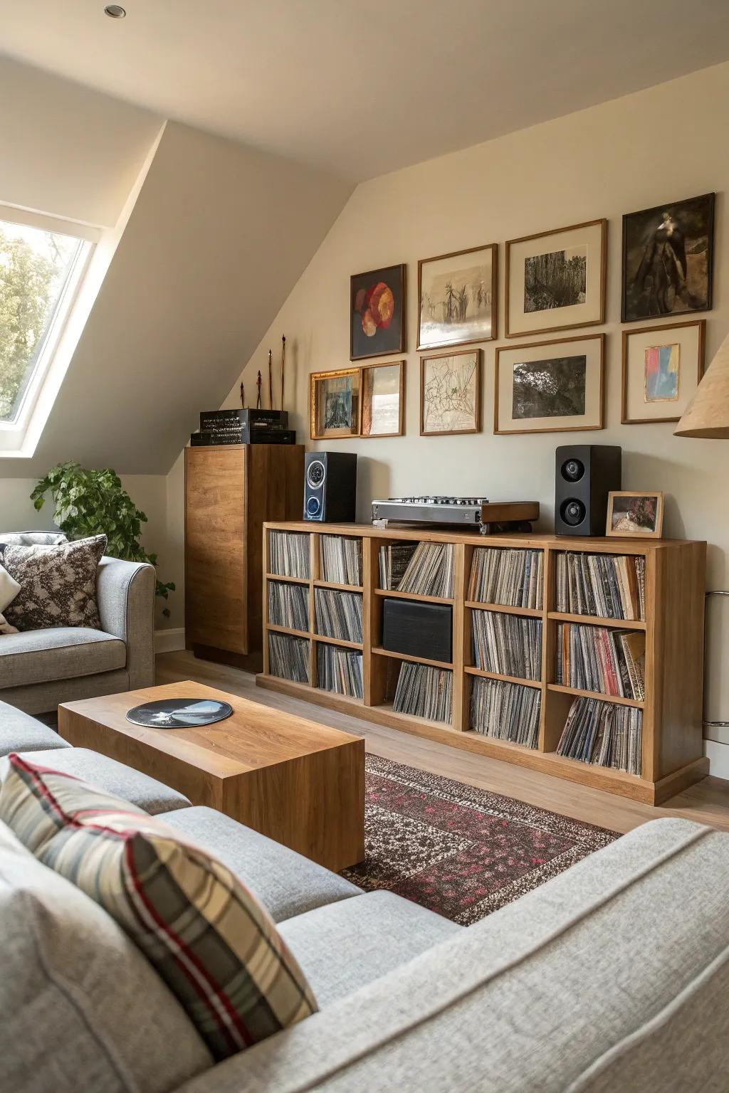 Album storage seamlessly incorporated into a living room arrangement.