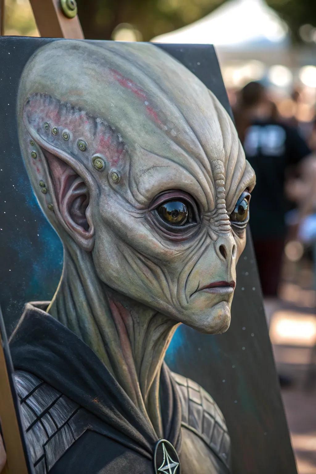 An elaborate close-up that brings the alien's attributes into mesmerizing prominence.