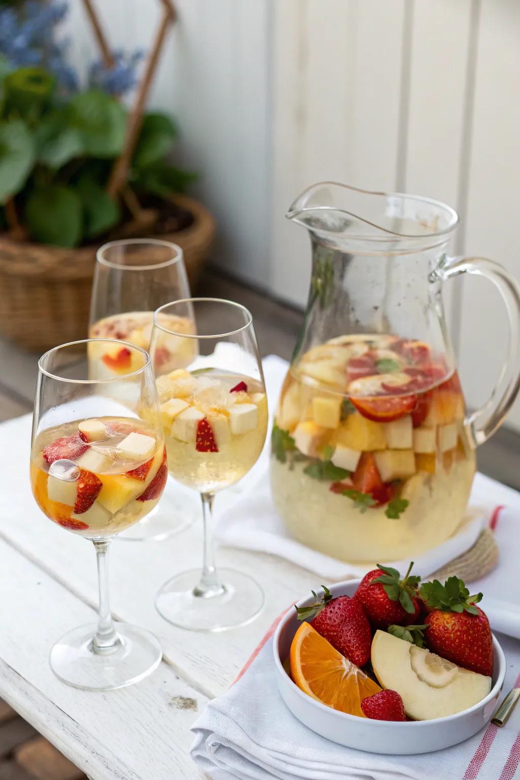 White wine and sangria contribute a refreshing element to the monochromatic white celebration.