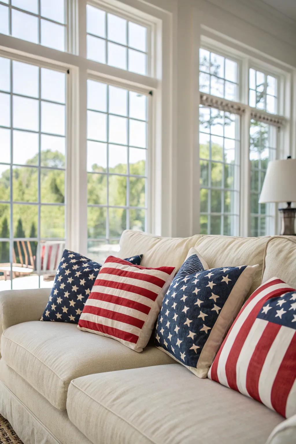 Flag-inspired cushions enhance a dash of patriotism to this living space.