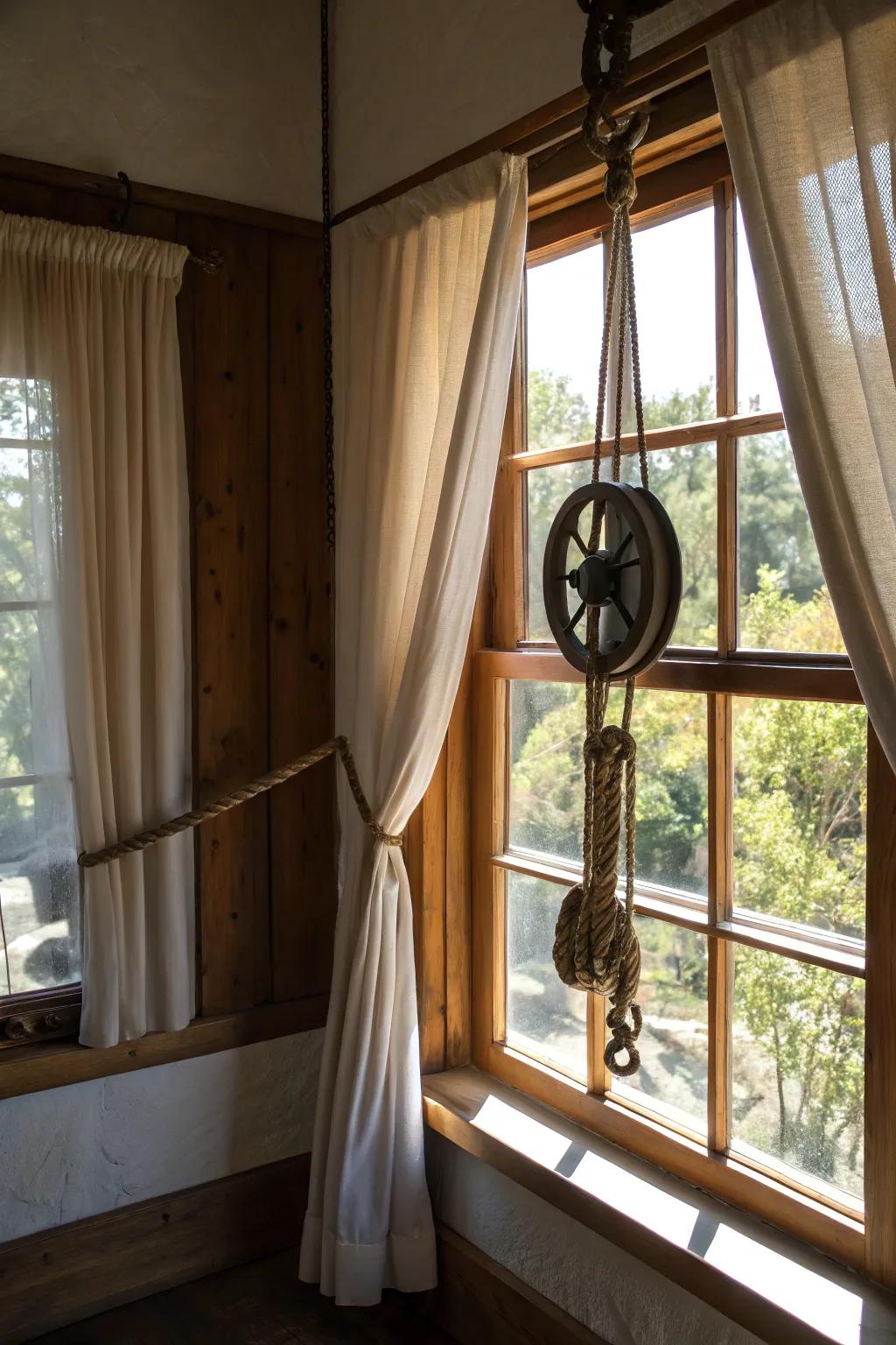 A creative curtain design using vintage pulleys.