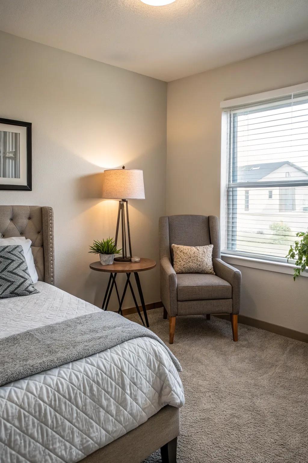 An apartment bedroom featuring charming focal pieces like a unique chair and side table.