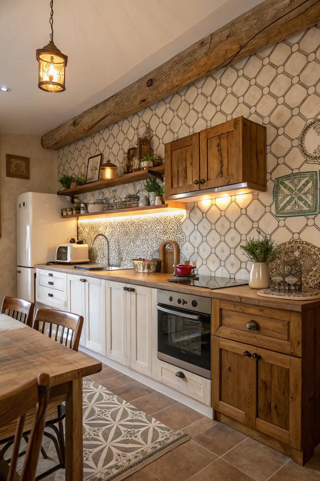 A welcoming kitchen features warm wooden details and a charming arabesque tile backsplash.