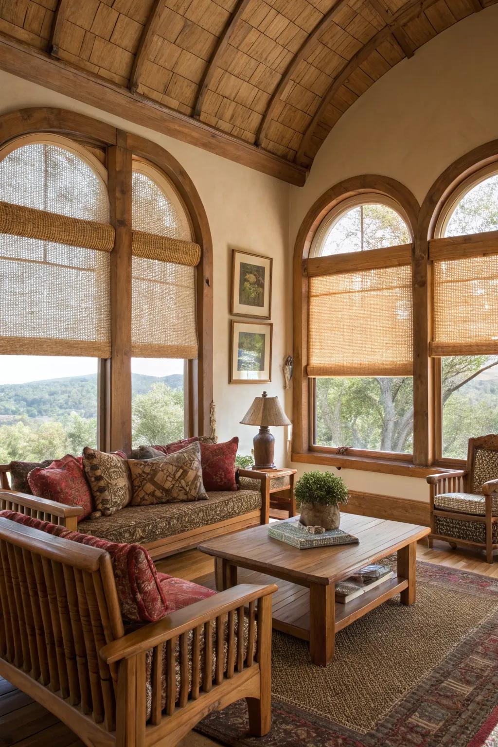 A rustic lounge exhibits braided shrouds on arched windows.