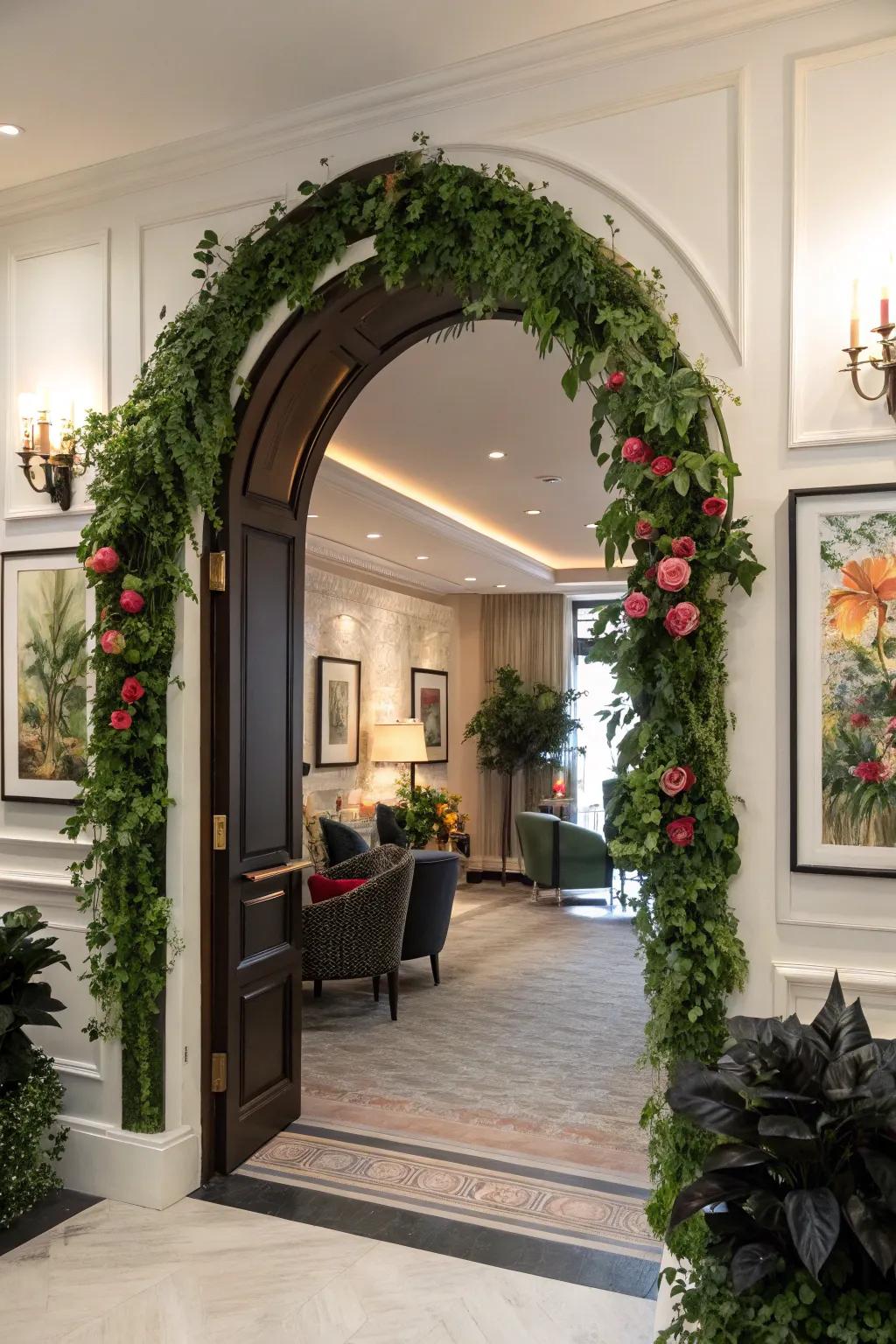 A chic archway entrance highlighted via flora and artworks for appended flair.