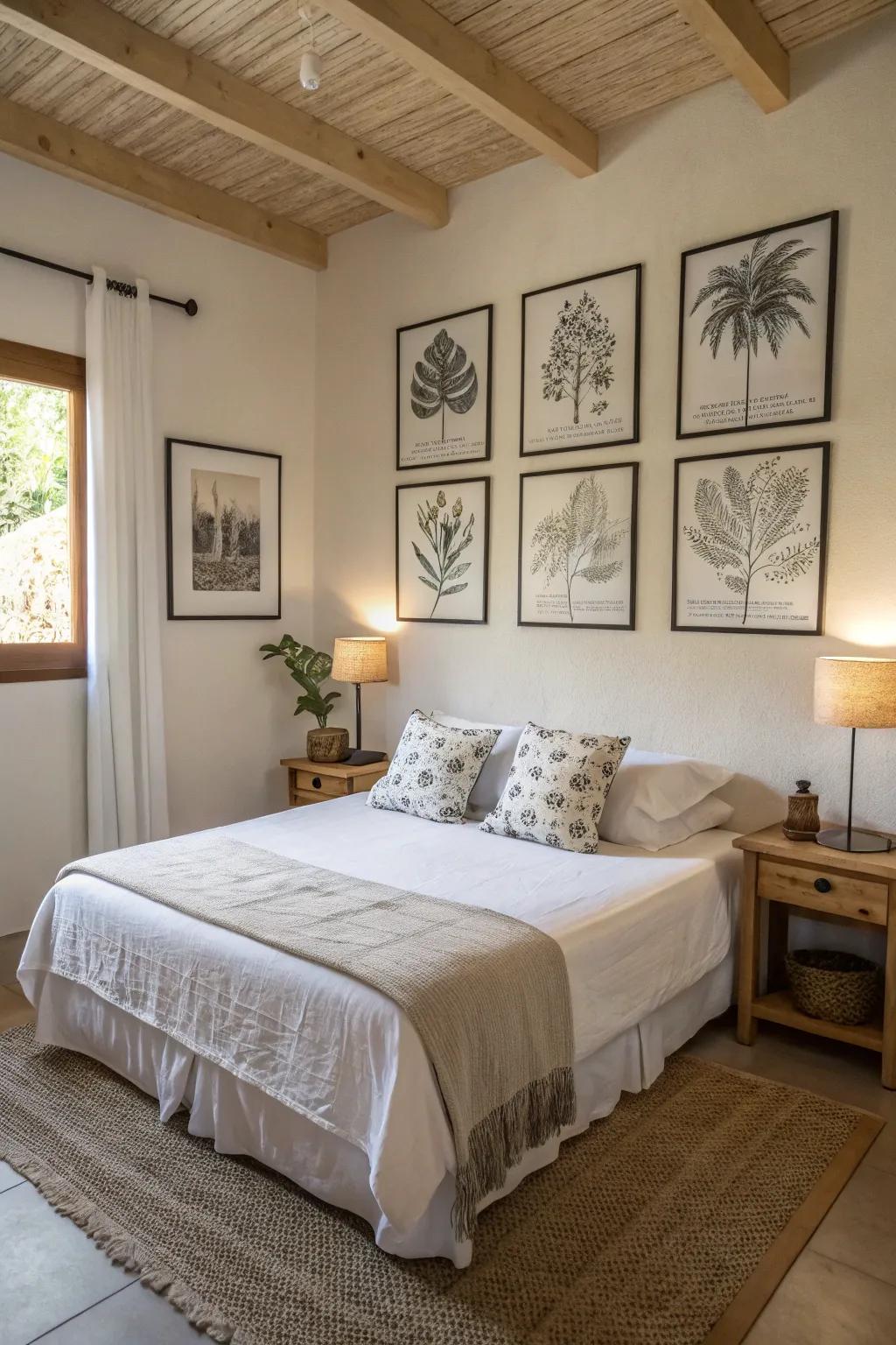 Understated art delivers a peaceful element to this chamber.