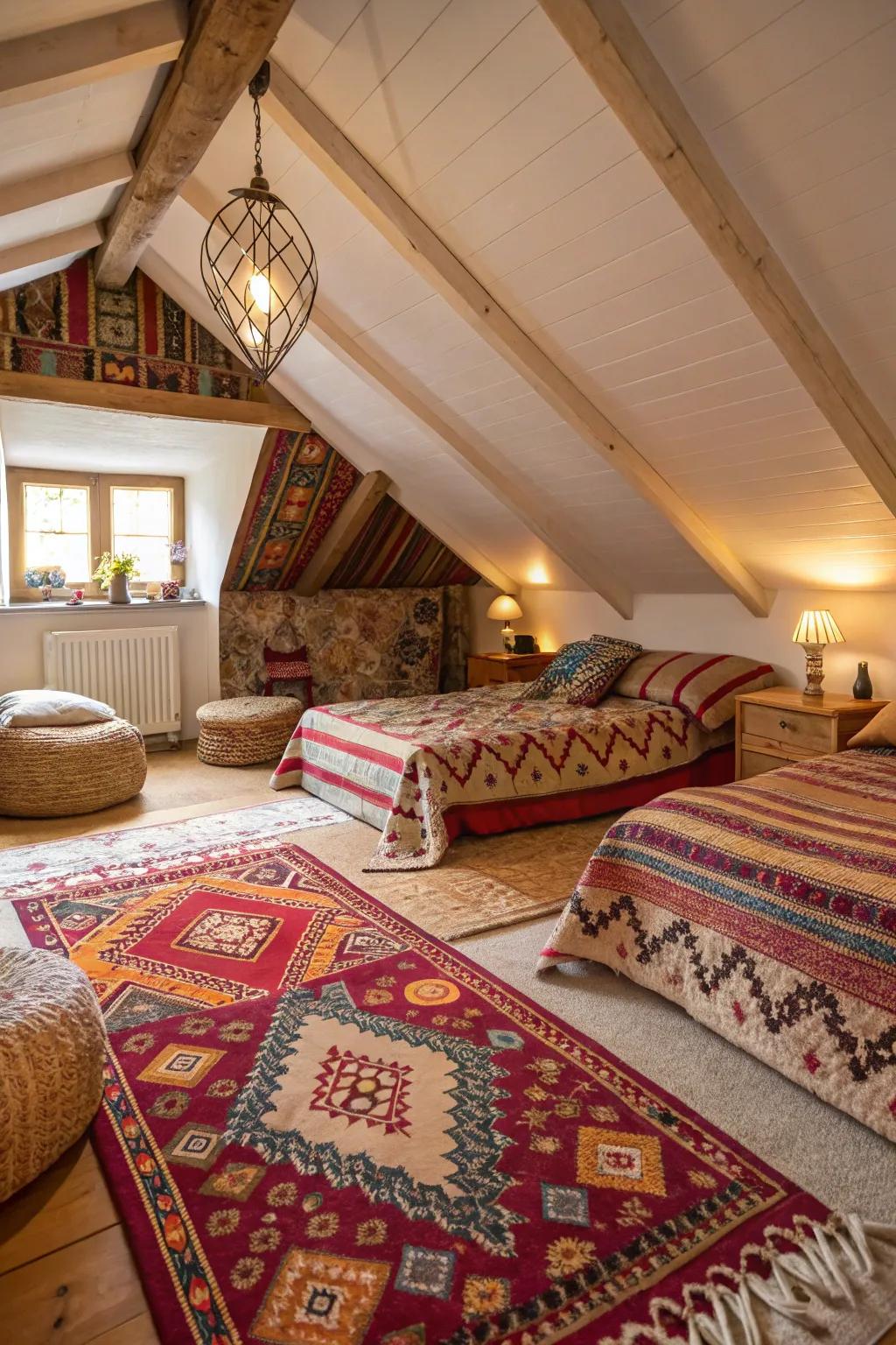 Patterns infuse vibrancy and texture into your attic refuge.
