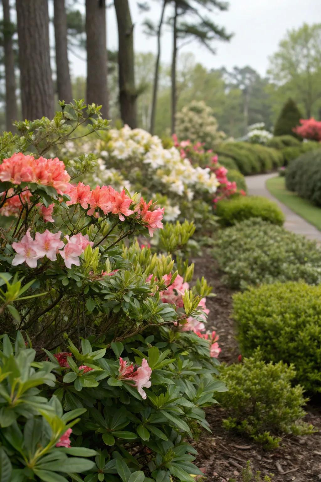 A spirited garden showcasing a synthesis of persistent and transient azaleas.