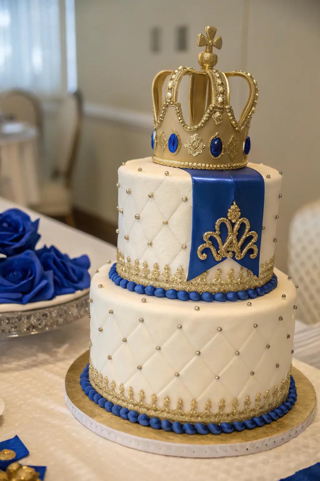 A royal-themed cake fit for a little prince at a baby boy shower.