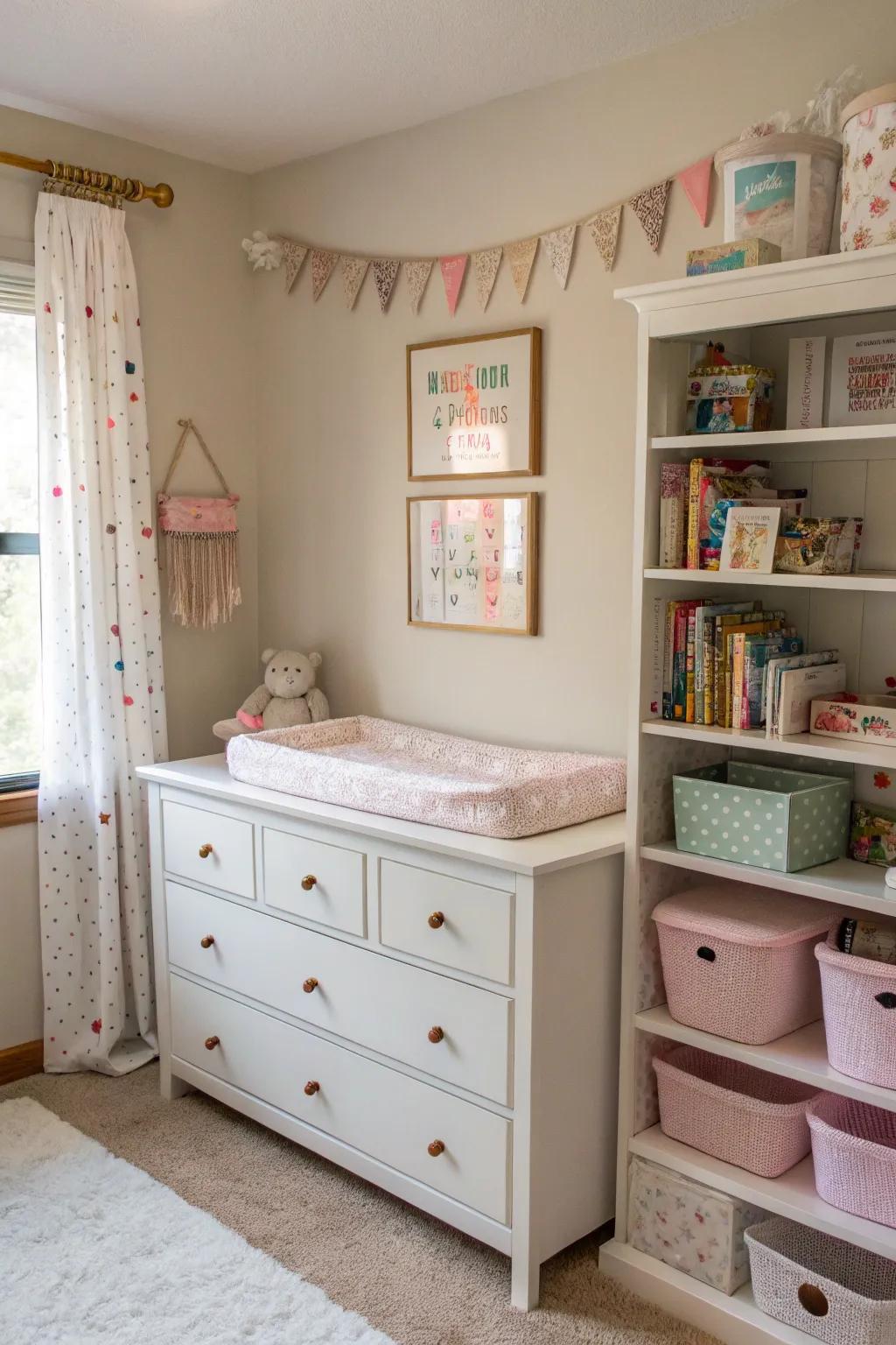 Functional furniture maintains the room's tidiness and style.