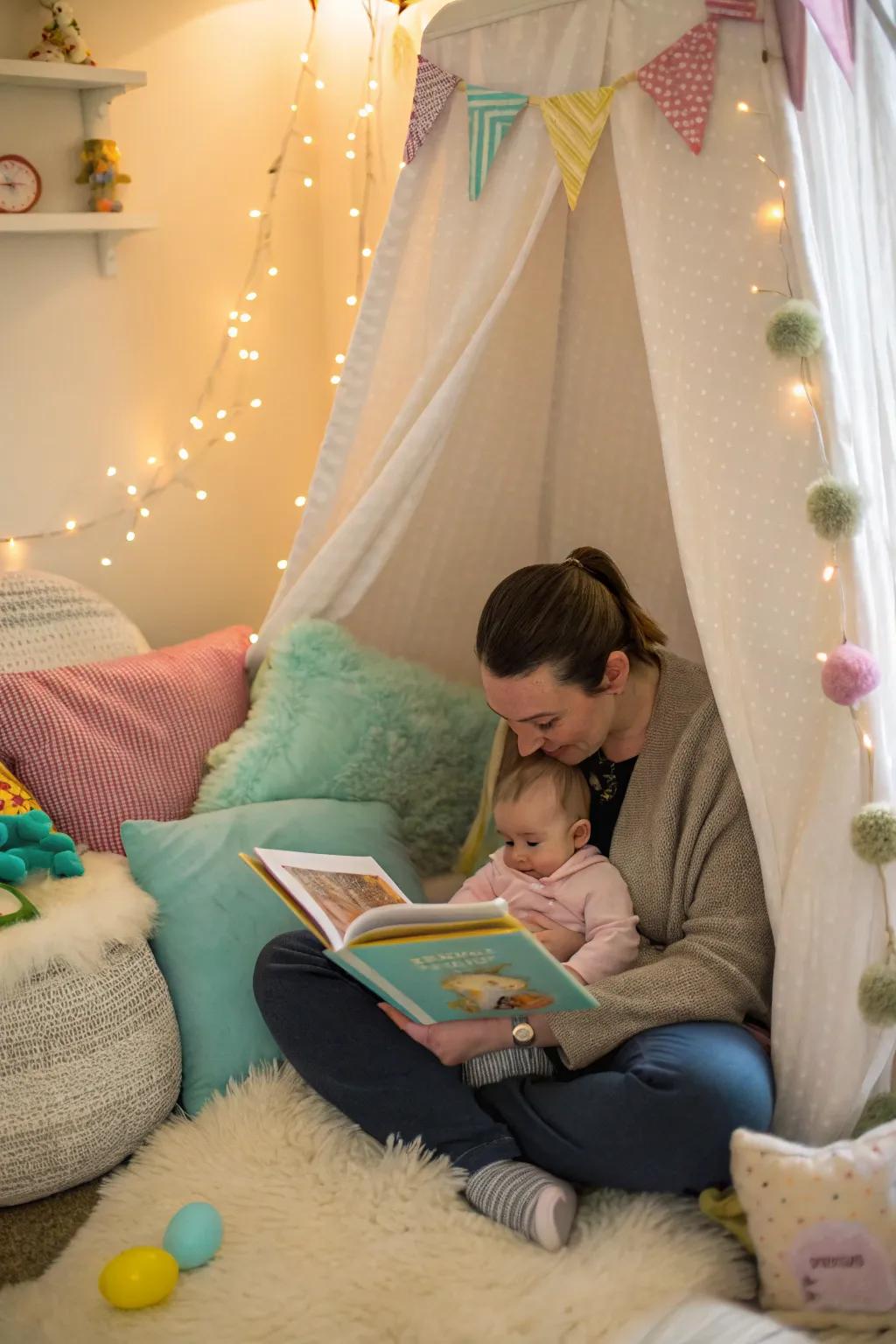 A snug instance of sharing an Easter storybook.