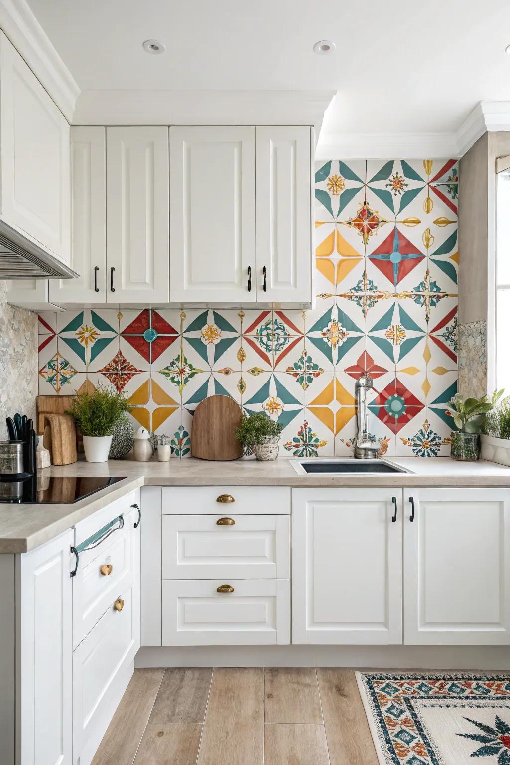 Polygon panels add a modern flair to this stylish white kitchen.