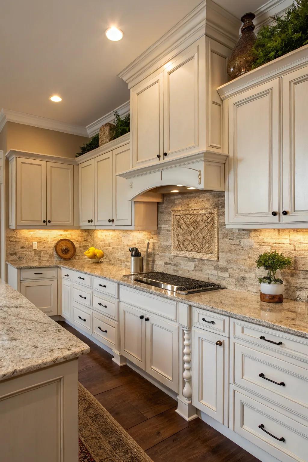 Genuine stone tiles elevate the organic splendor of the cooking area expanse.