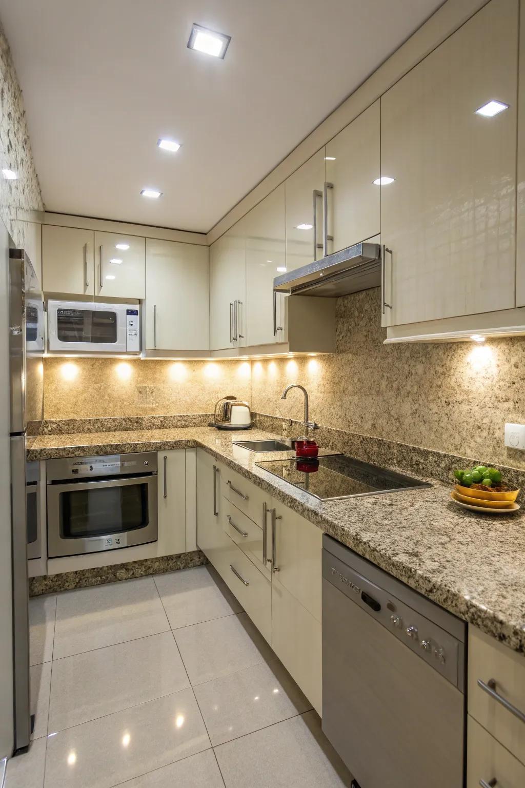 Compact kitchen spaces can be opened up with clever backsplash selections.