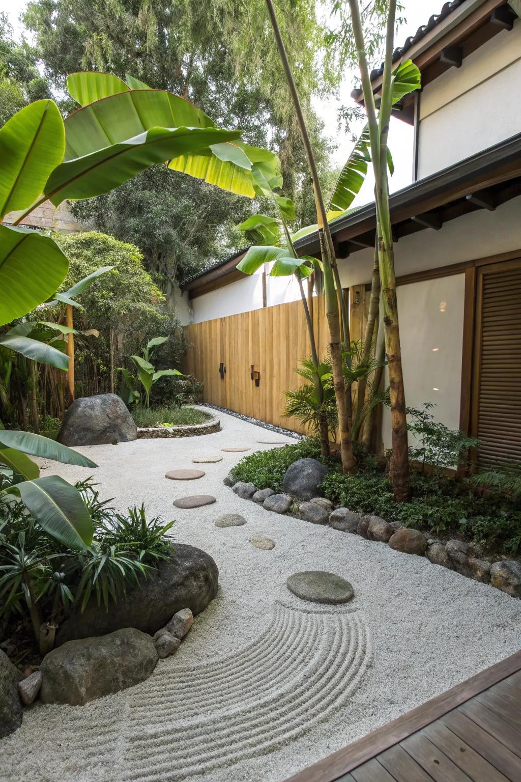 Fashion a peaceful Zen garden with the tropical hint of banana trees.