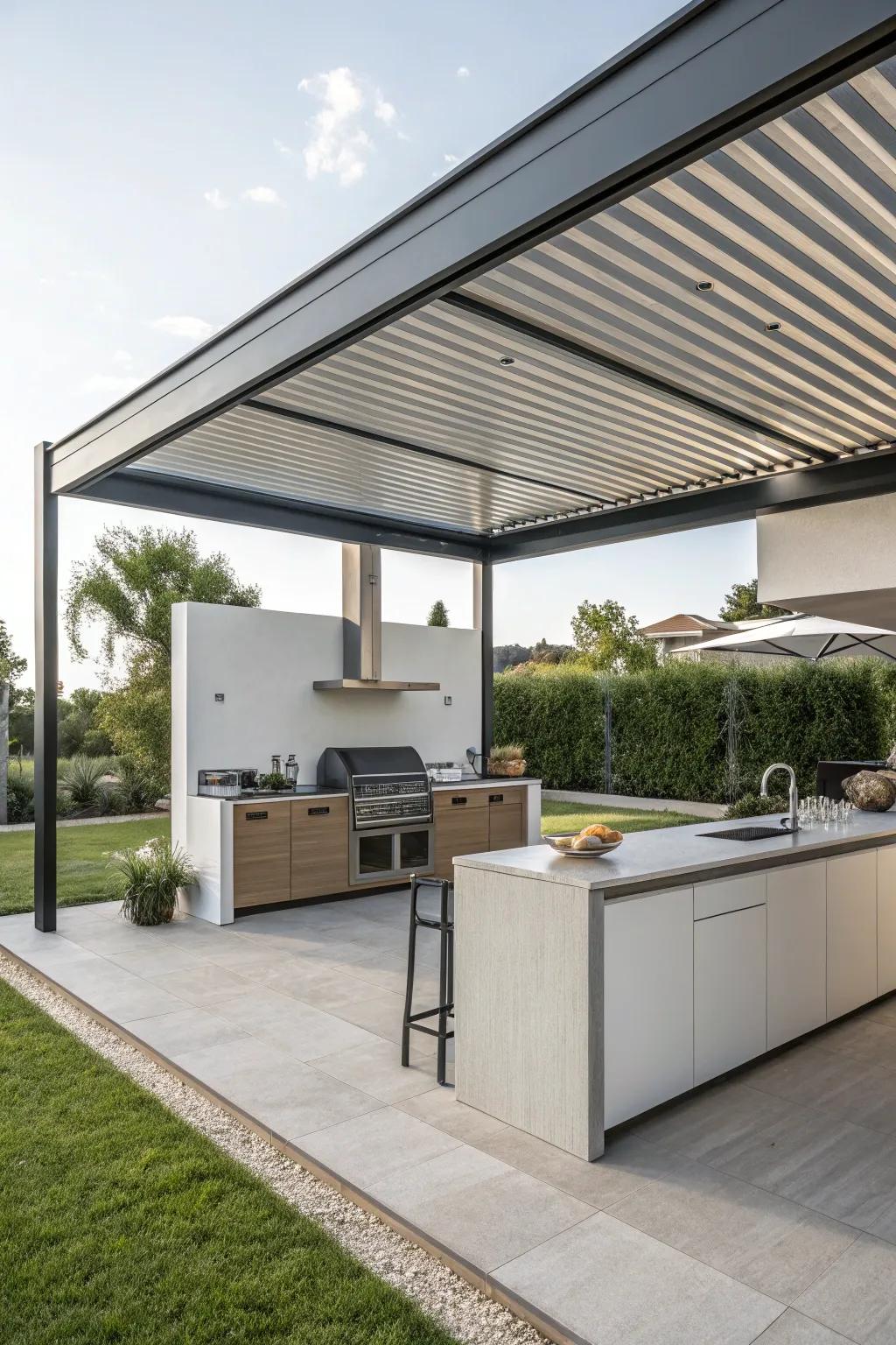 A metal canopy gives a simple and modern shelter for your outdoor kitchen.