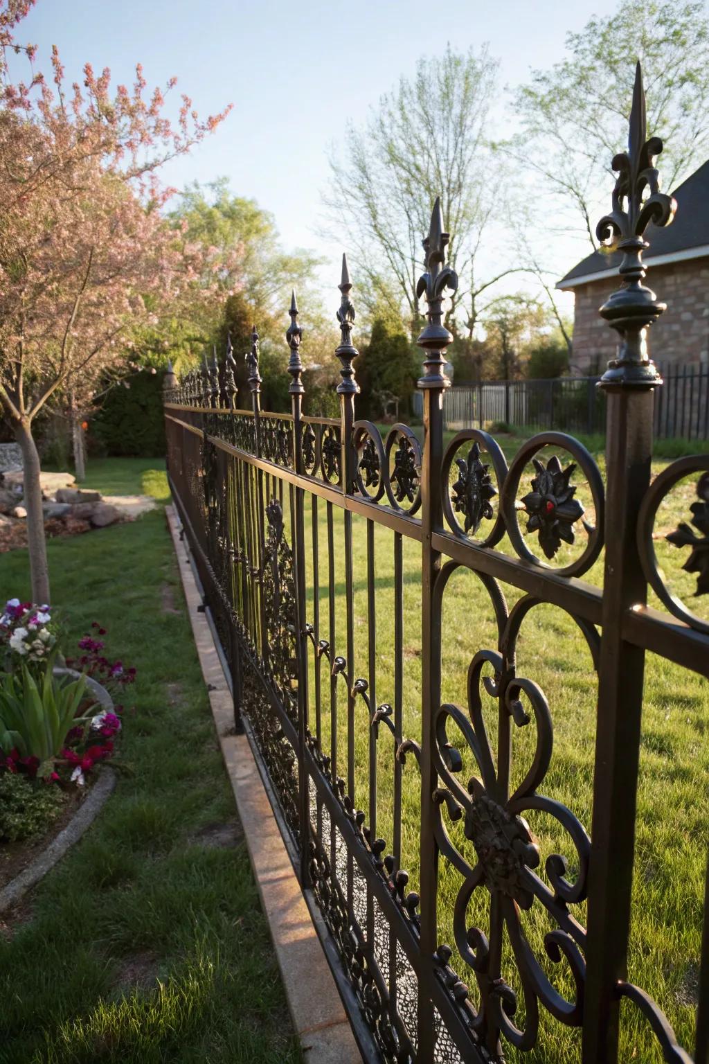 Iron decorations add an artistic touch to the backyard fence.