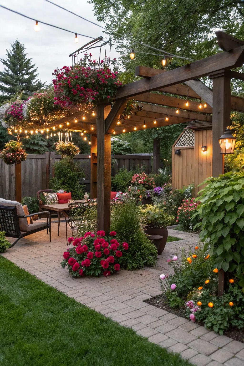 A pergola becomes a prime focus with hanging designs and lights.
