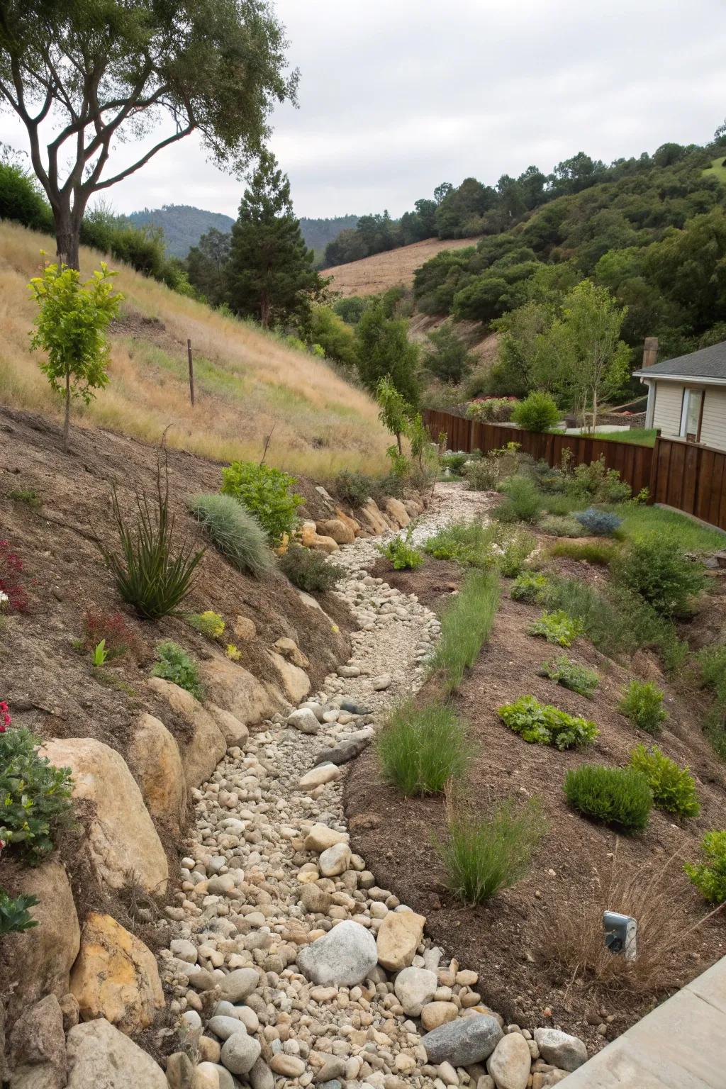 Dry creek beds offer a practical and aesthetic drainage solution.