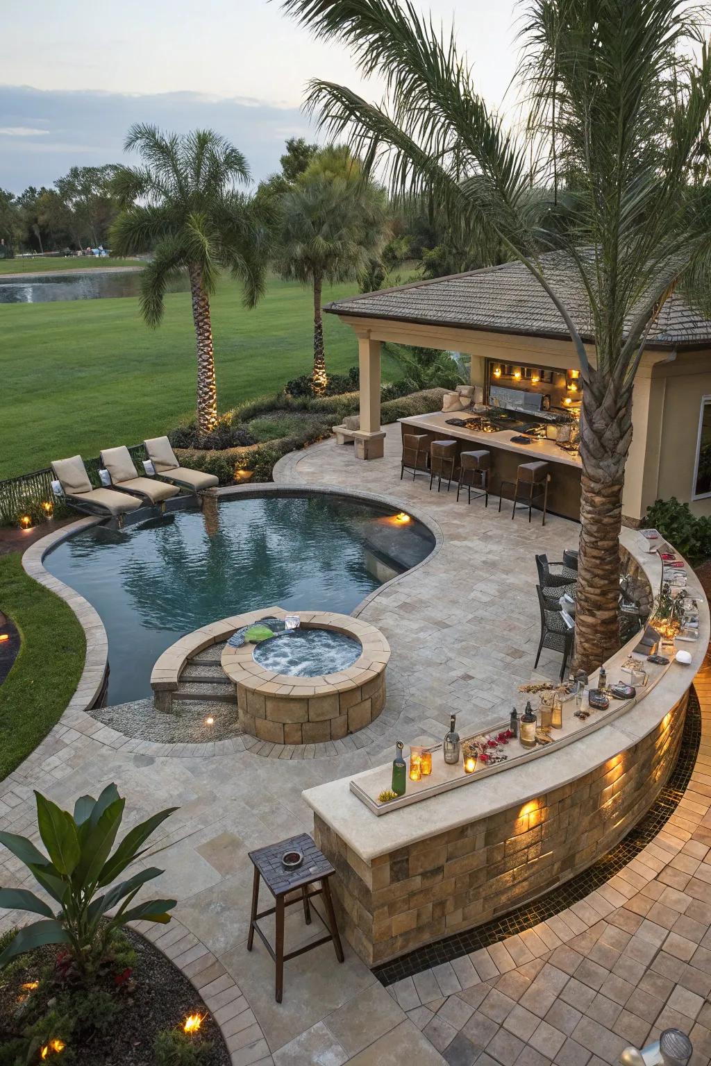 A high-end meandering pool with a hot tub for ultimate unwinding.