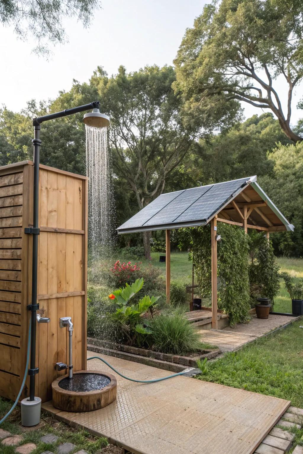 An eco-friendly open-air cleansing station leveraging solar power and rainwater.