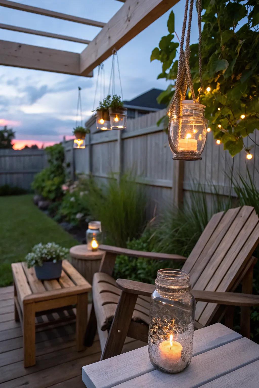 DIY jar lanterns cast a soft, romantic glow.