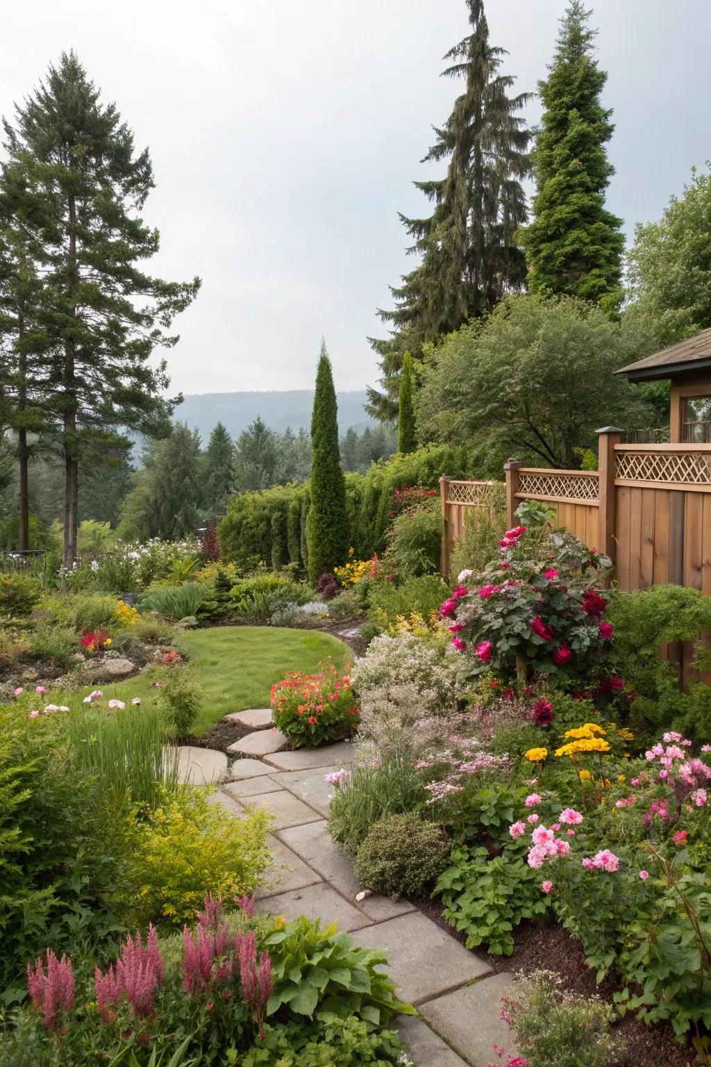 Mixed plantings offer diverse and private scenery.