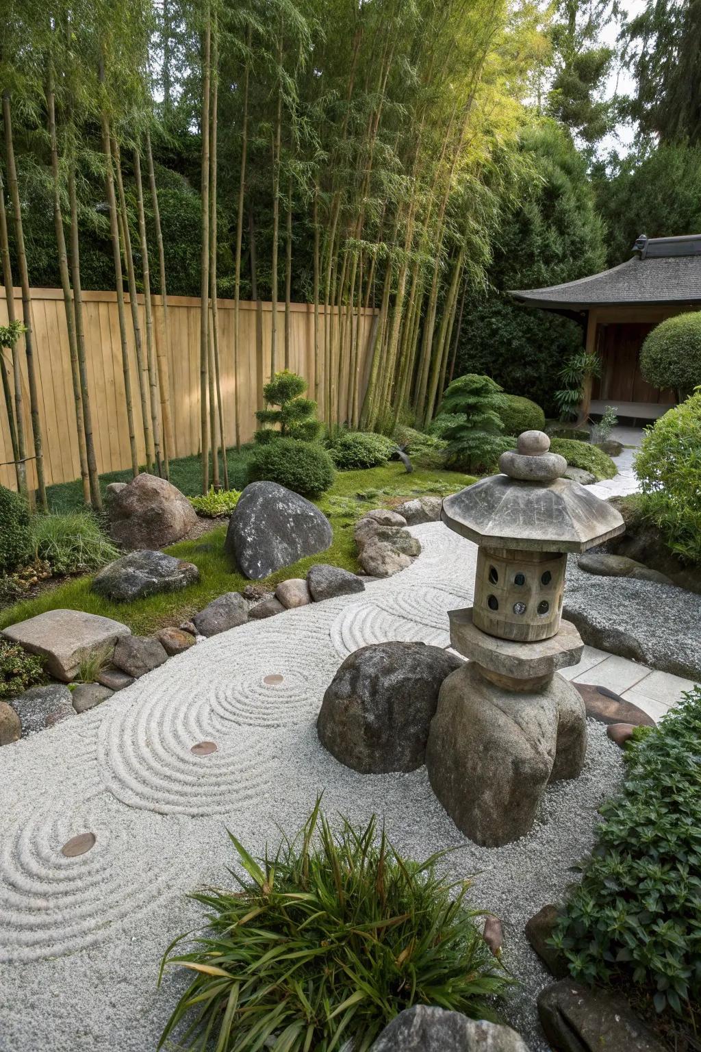 A Zen garden offers a serene escape.