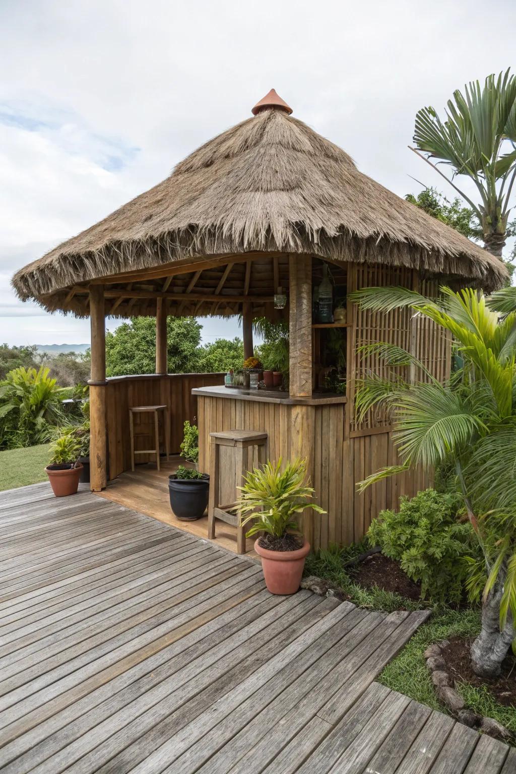 A deck base elevates the elegance and function of your tiki hut.