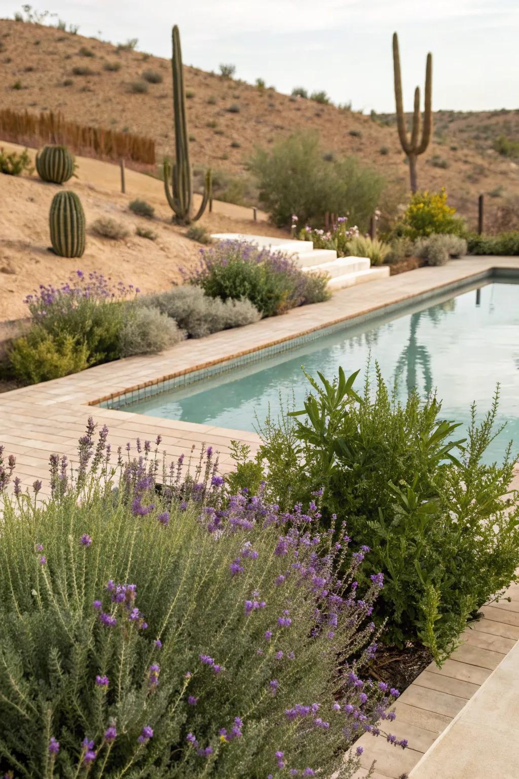 Arid-loving vegetation beautifully integrates nature into your pool zone.