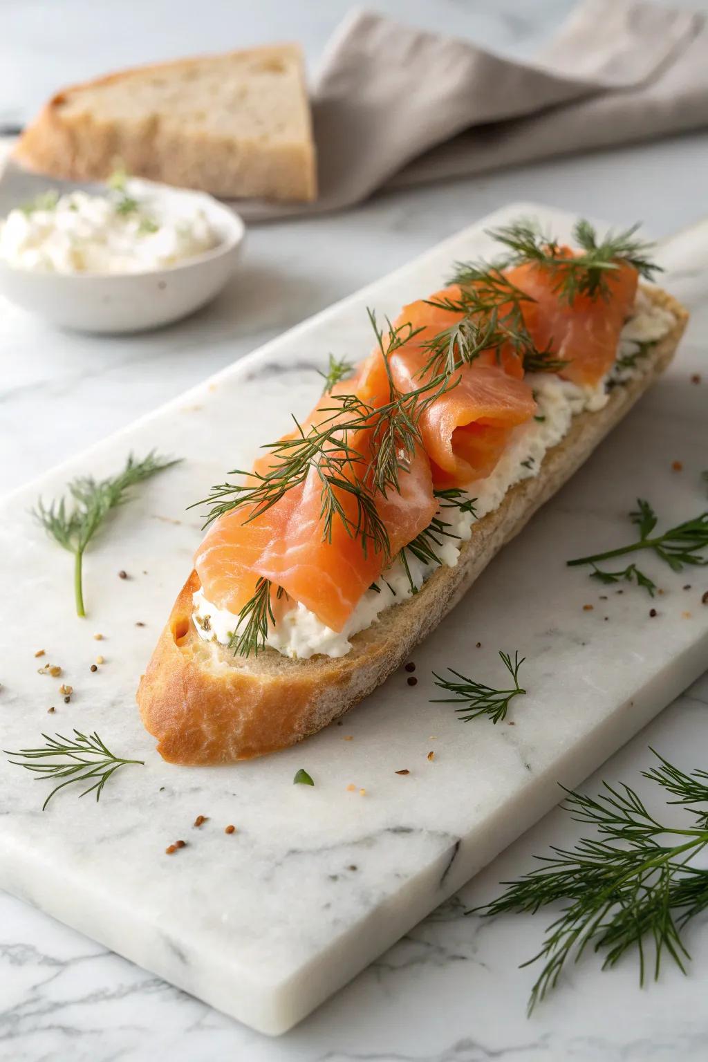Lavish cured salmon and cream cheese on a crisp baguette.