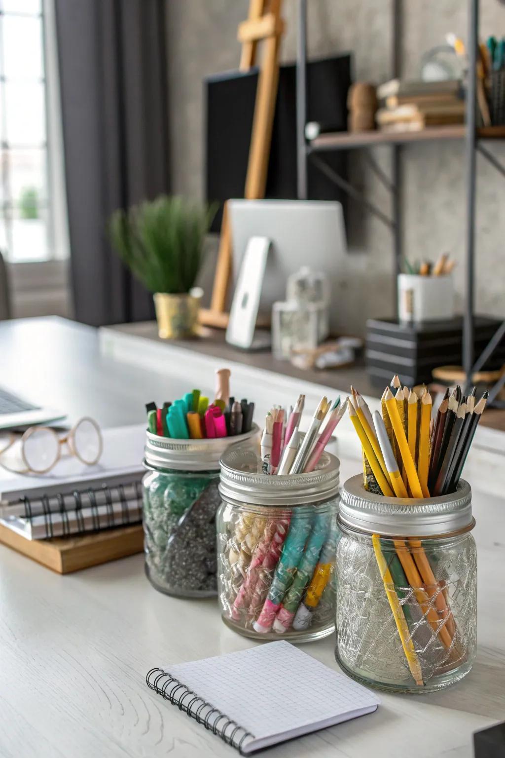 Chic desk coordinators created from preserving jars for a stylish touch.