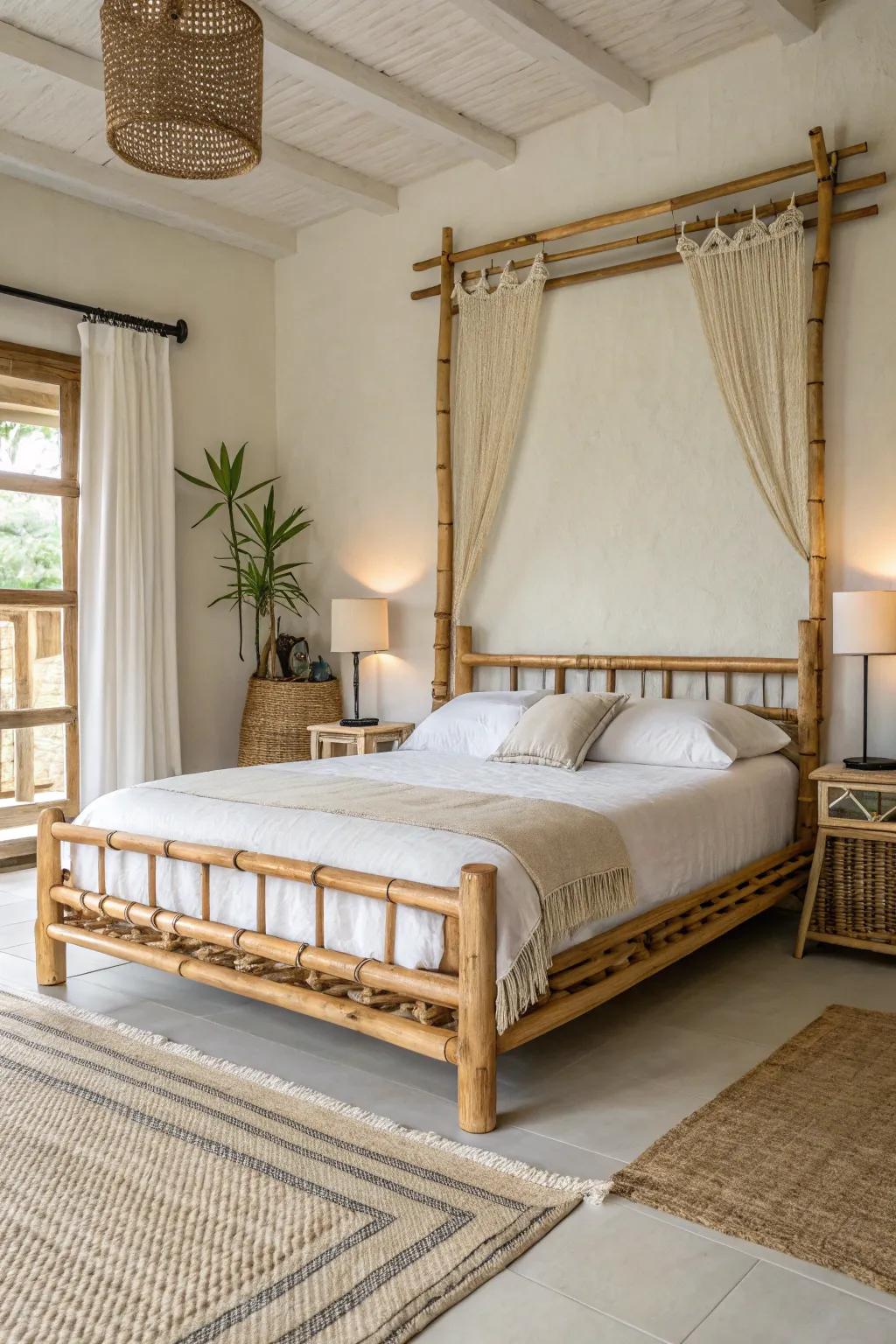 Bamboo bed frame in a serene bedroom