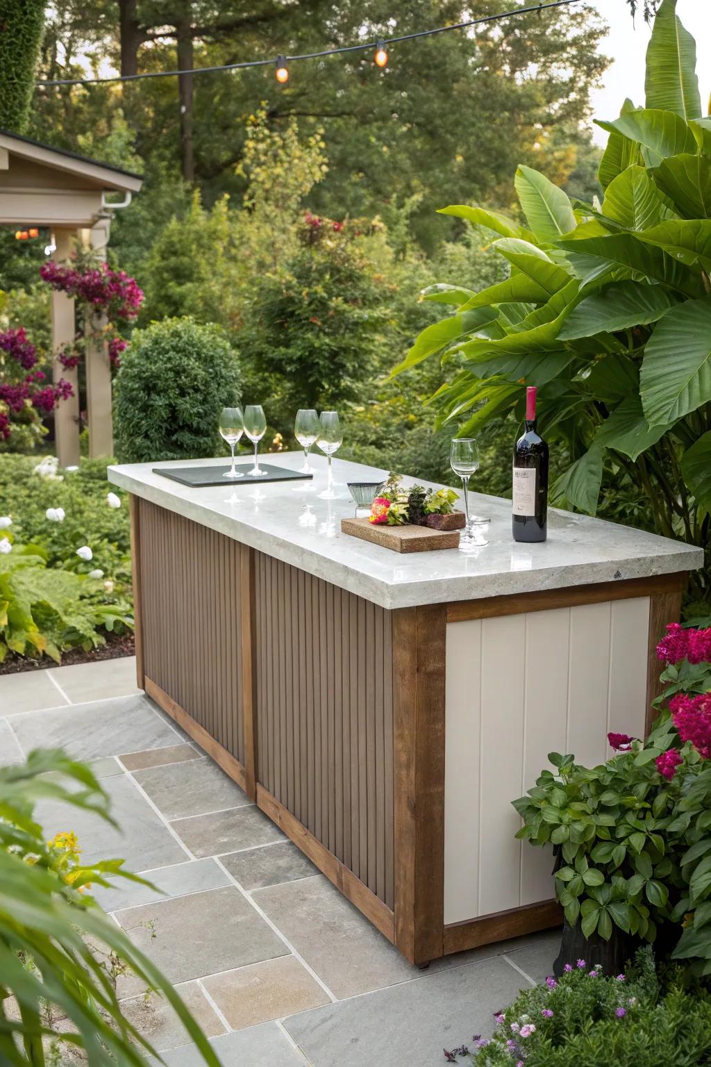 Durable outdoor bar tops for garden spaces.
