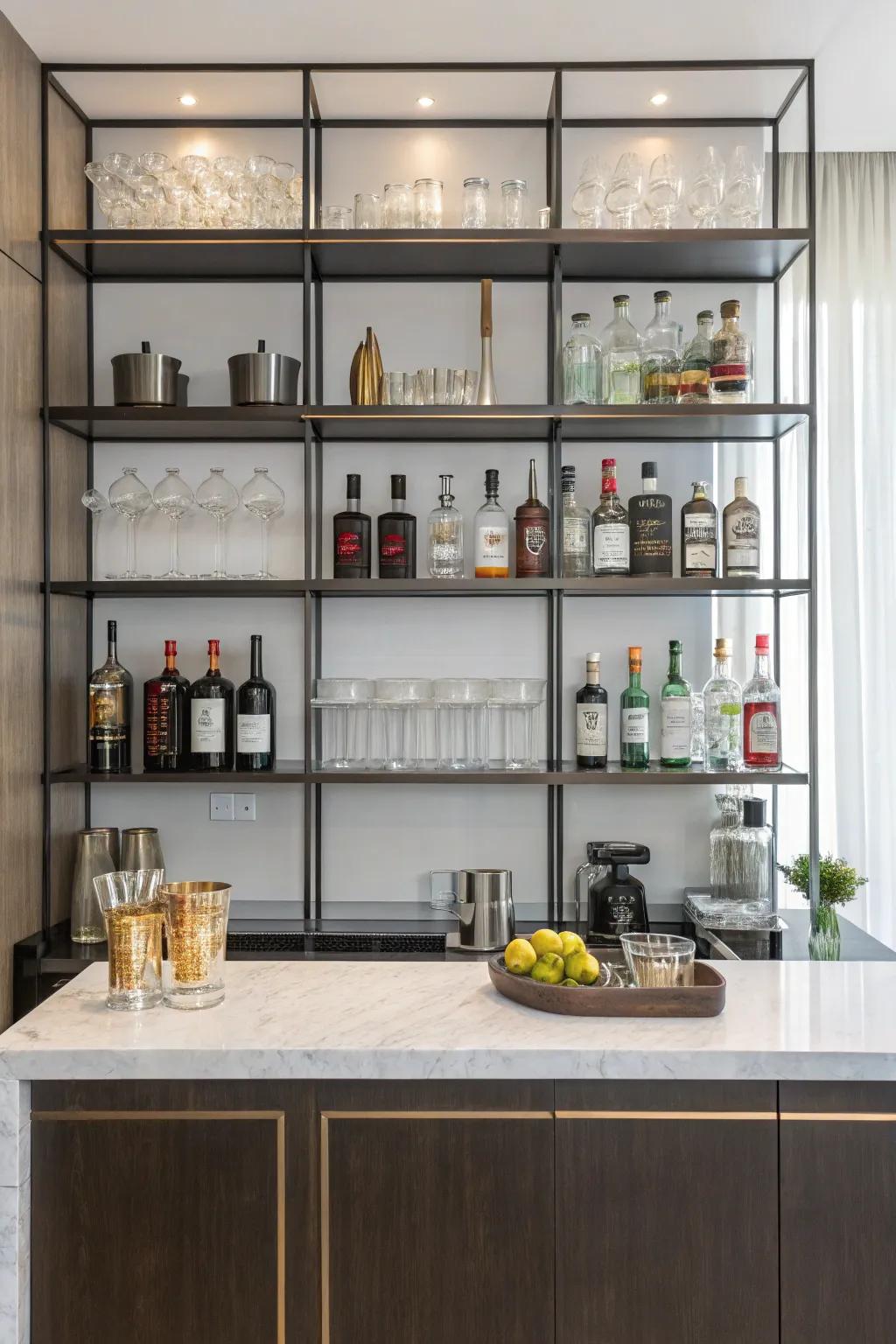 Sparse metallic shelving presents a streamlined and contemporary design for your bar.