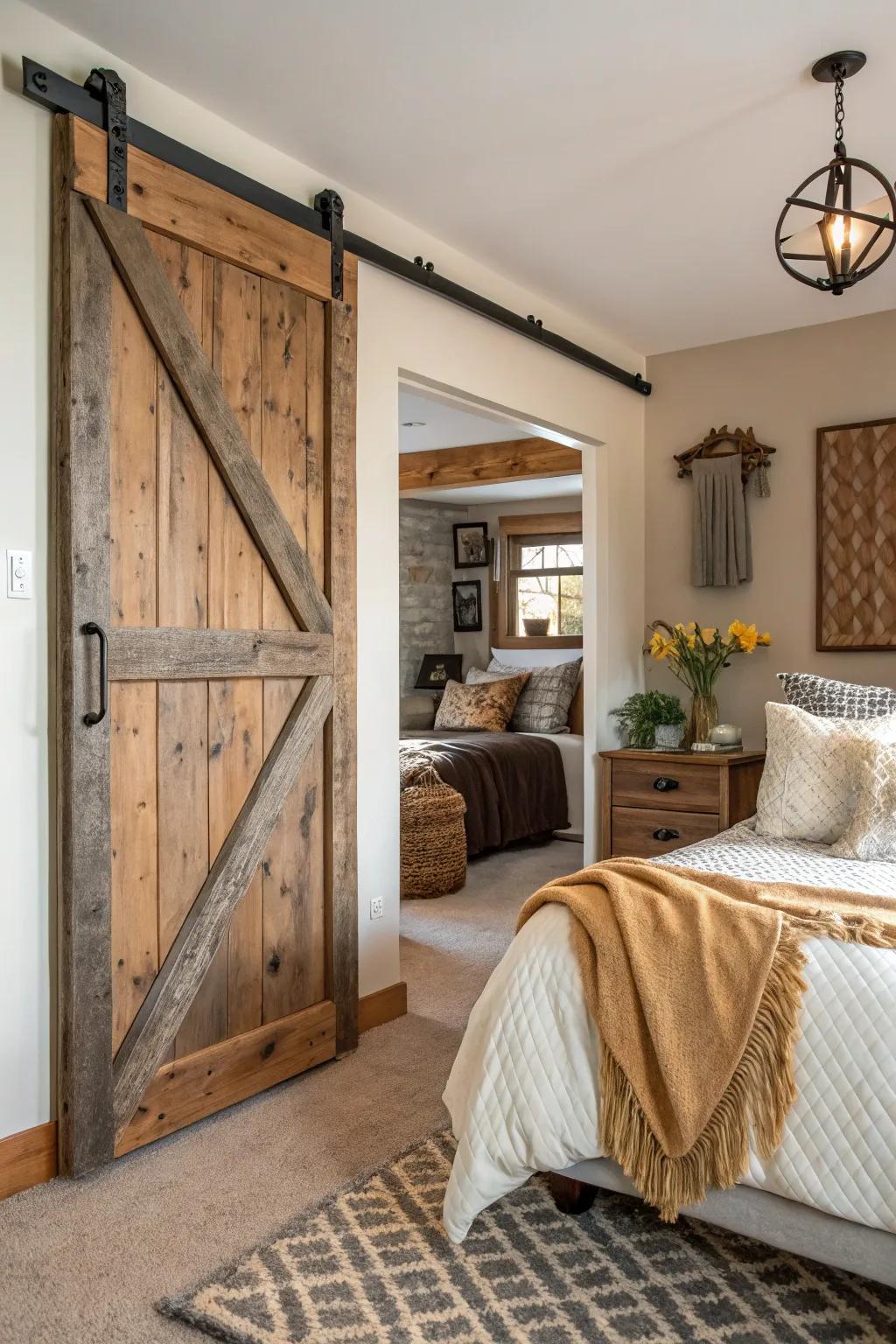 A textured stable door adds depth to this snug bedroom.