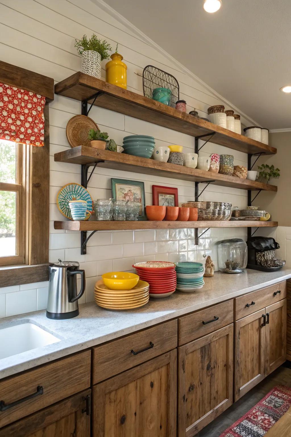 Open shelving adds personality and keeps the space accessible.