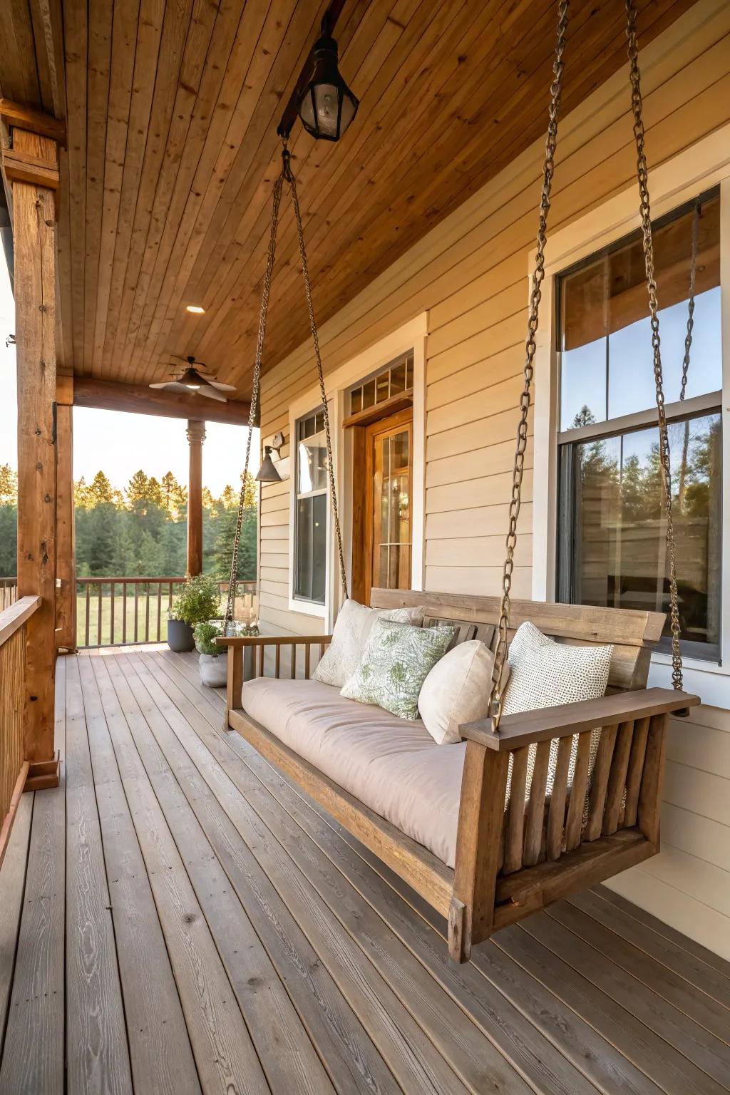 A veranda swing provides a nostalgic and relaxing retreat.
