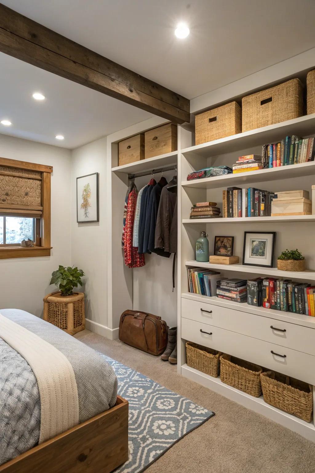 Vertical safekeeping solutions optimize area in this basement bedroom.